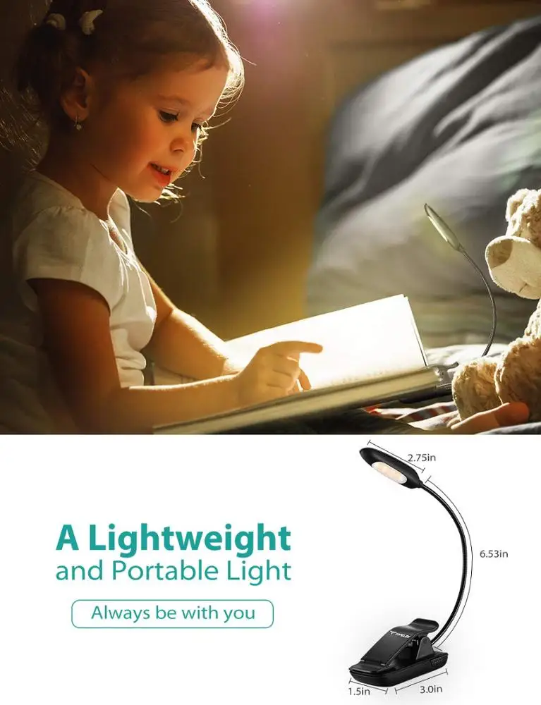 Gooseneck Clip on Reading Lamp, 7 LED Book Light with 3 Brightness ,3 Color Temperature , USB Rechargeable