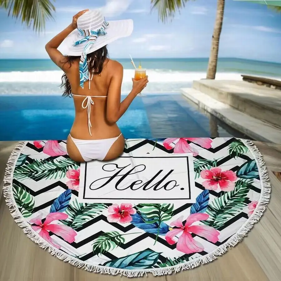 100% polyester custom printing sublimation blanket turkish style round beach towel with tassels