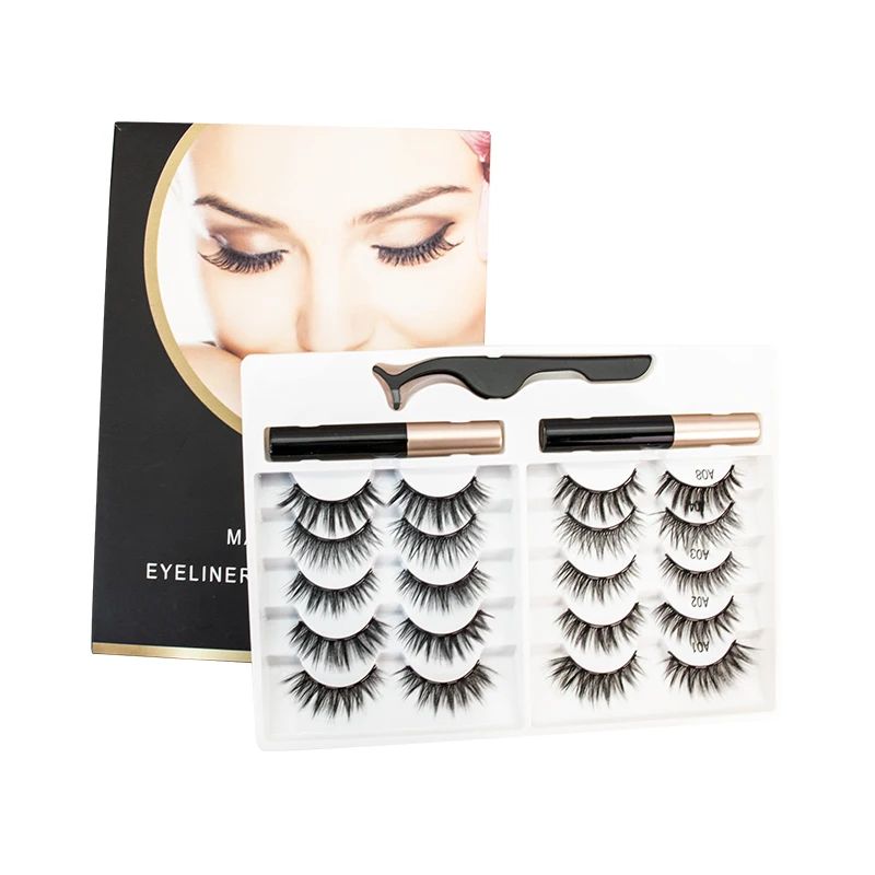 Droshipping 10 pair black natural look silk synthetic fiber magnetic eyelashes with eyeliner set