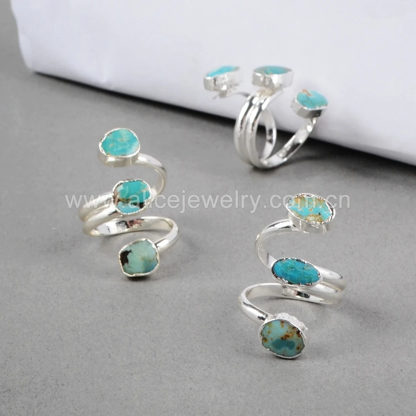Genuine fashion turquoise gemstone wire ring three stone turquoise ring in 18k gold plated adjustable ring