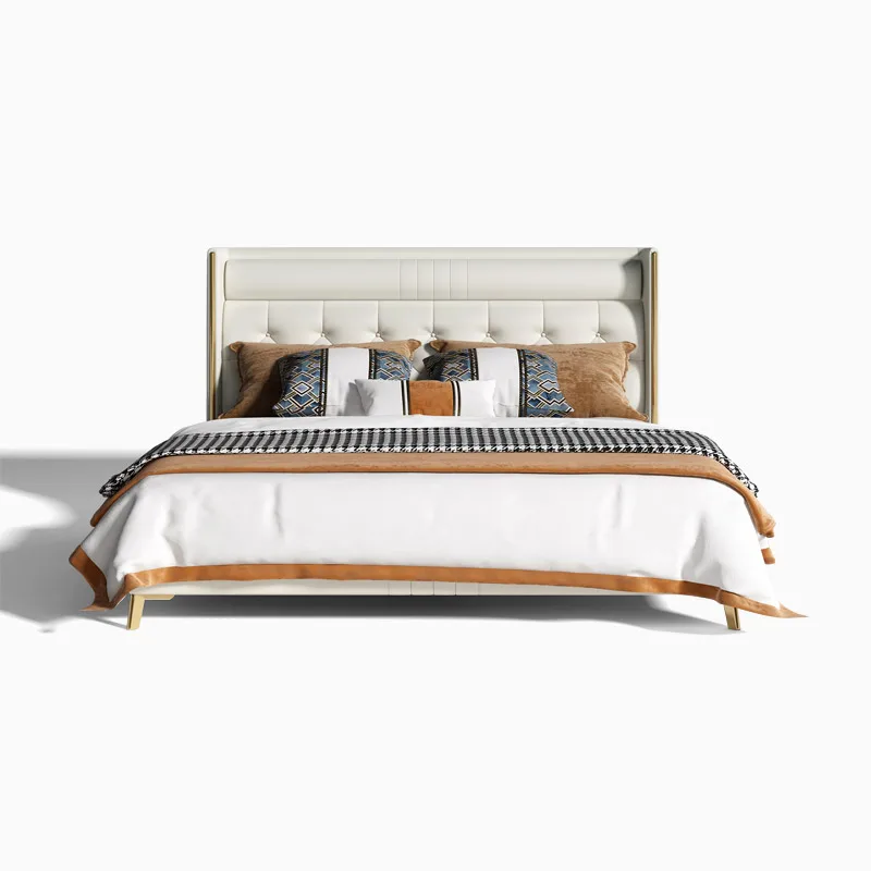 Full King/Queen Size Hotel Room Bed Frame Bedroom Furniture Designer Leather Light Luxury Solid Oak Wood White Bed Set Furniture