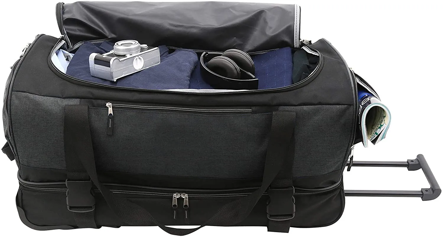 Free Sample Travelers Club Large Dark Grey Checked Rolling Duffel Bag Zippered Leather Gym Bag Outdoors Storage Ready Ship