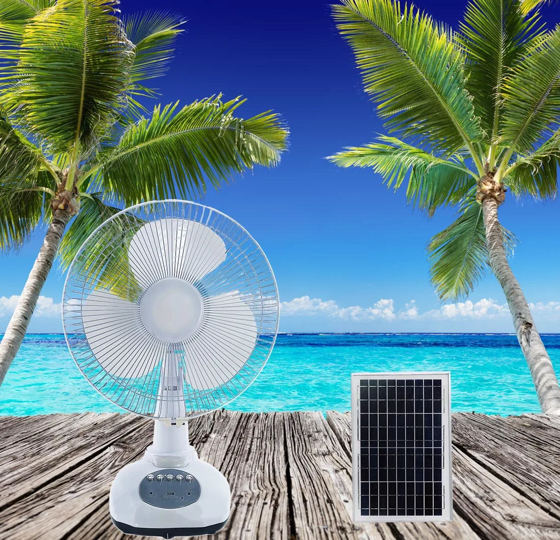 2023 New solar AC/DC rechargeable table fan 12 inch summer camping table fan with LED lights and solar panels
