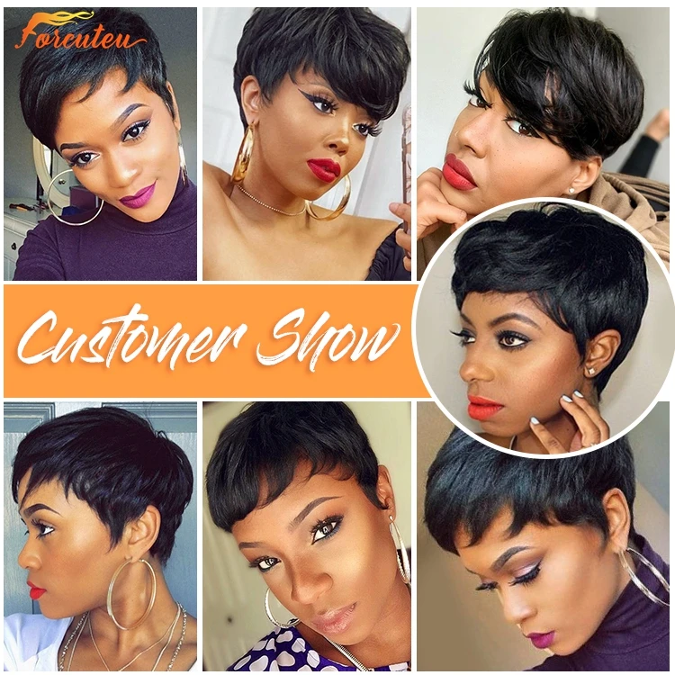 Forcuteu Wholesale Perruque Raw Indian Brazilian Cuticle Aligned Virgin Pixie Cut Short Bangs Machine Made Human Hair Wig