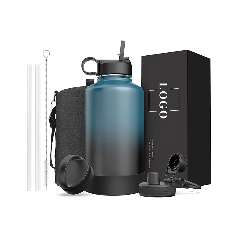 6 in 1 One Gallon Vacuum Insulated Leak Proof 18/8 food grad Stainless Steel Water Jug bottle with 2 straws and 1 straw brush