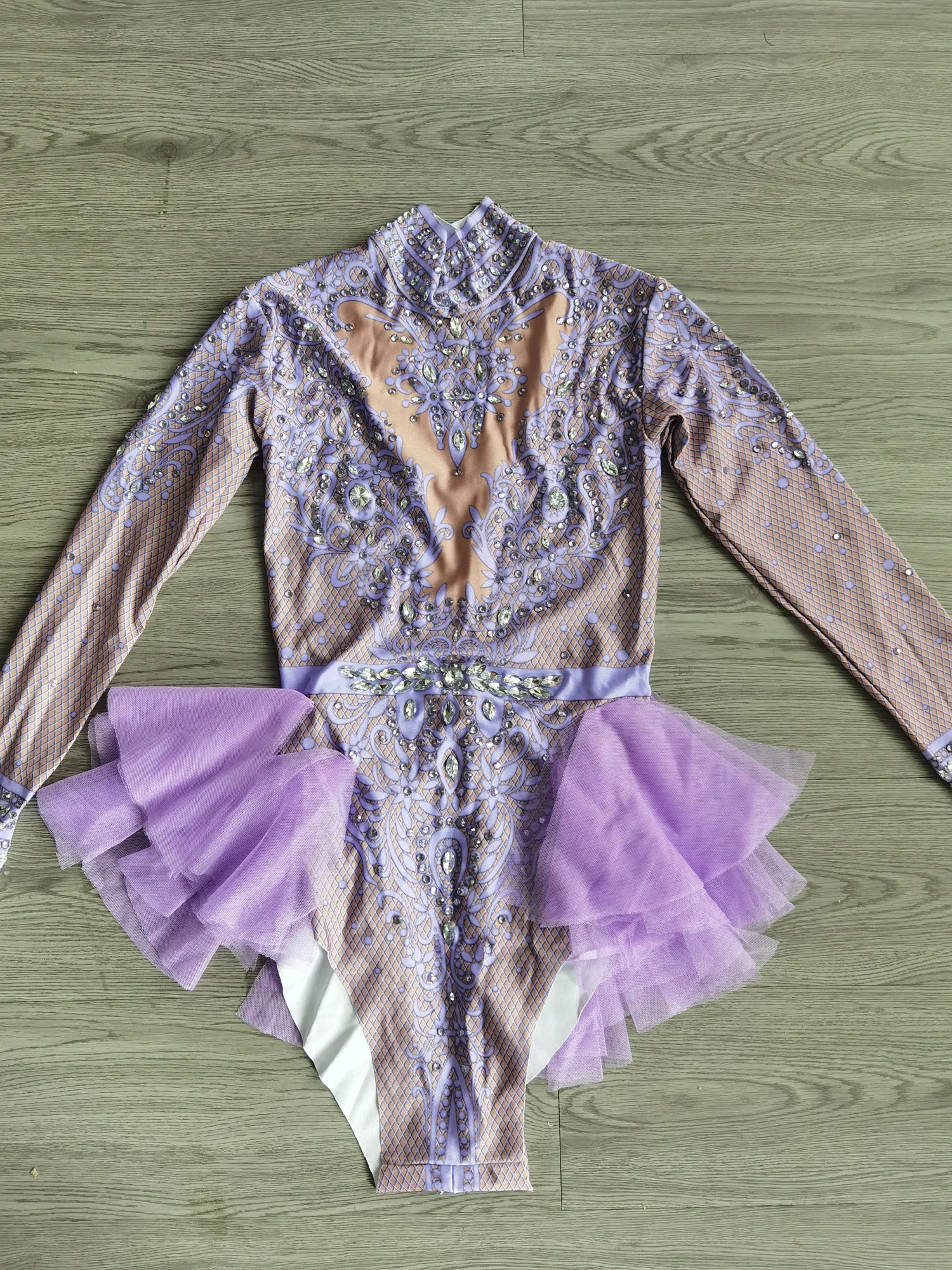 Pink Sparkly Club Crystal Printed Leotard Elastic Tights Mesh Ruffles Rhinestones Bodysuit Stage Costume Party Dance Outfits