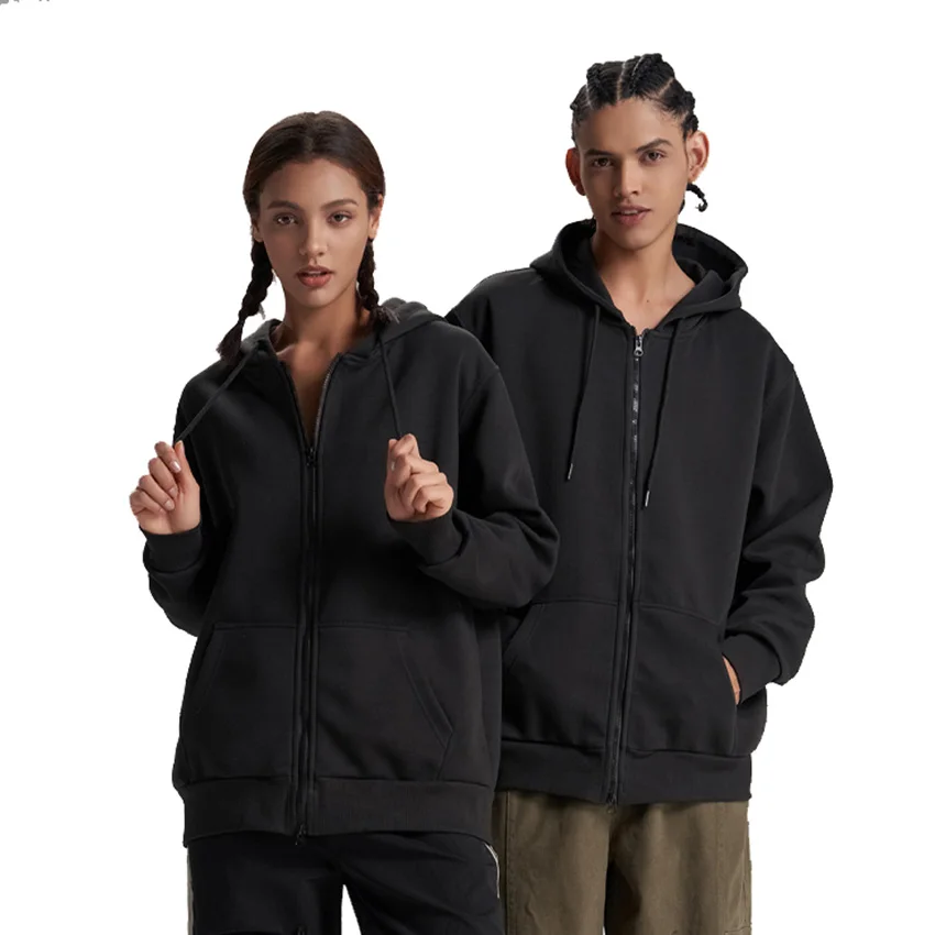 High Quality Cardigan Zipper 320gsm Sweatshirts Custom Cotton Zipper Hoodies Men Side Drawstring Pockets Hoodie