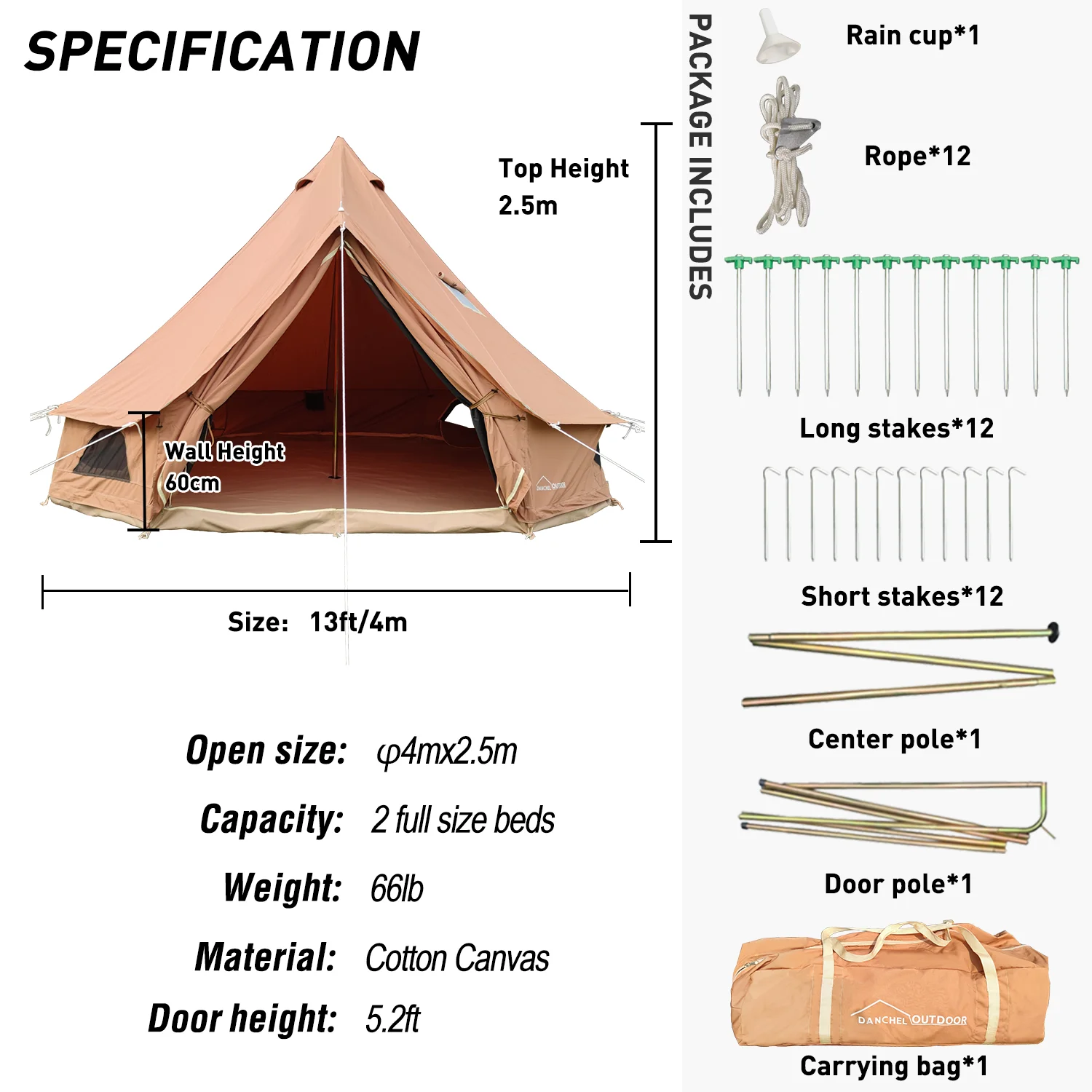 DANCHEL OUTDOOR 4M Canvas Yurt Winter Tent with Stove Jacks for Living Camping Glamping Family Party