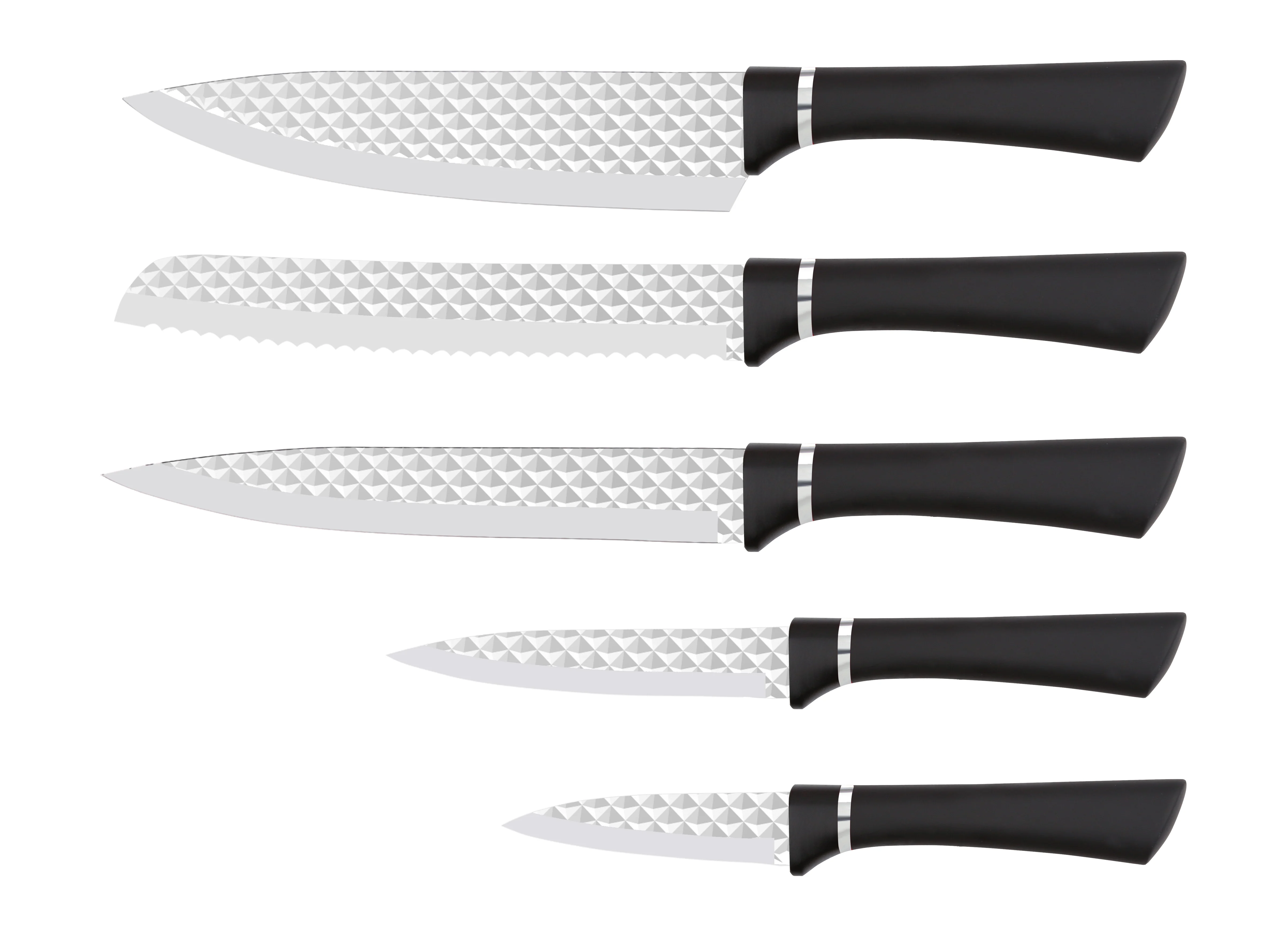 2024 New Design Promotional Gift Diamond Pattern Gold Titanium Embossing Blade Stainless Steel Kitchen Knife Set With Gift Box