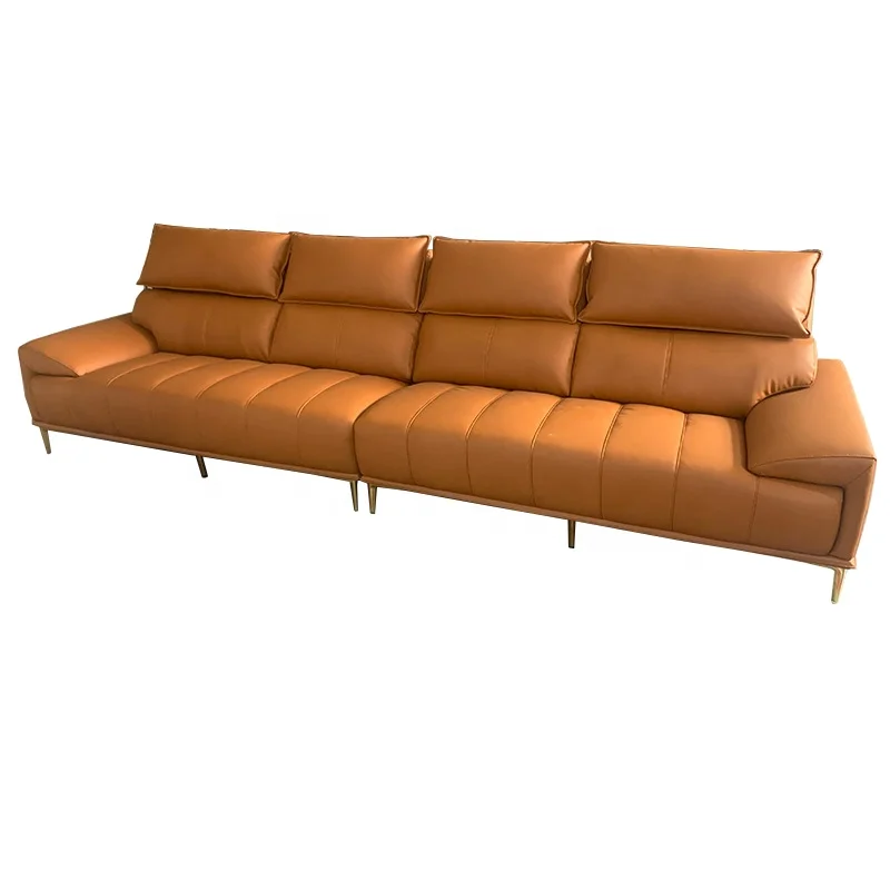 I Shape Adjustable Headrest Premium Genuine Leather Caramel Sofa With Golden Steel Legs For Living Room Furniture