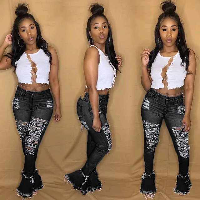 
New Arrival High Waist Stretch Bell Bottom Style Denim Mom Jean Plus Size Women Jeans 