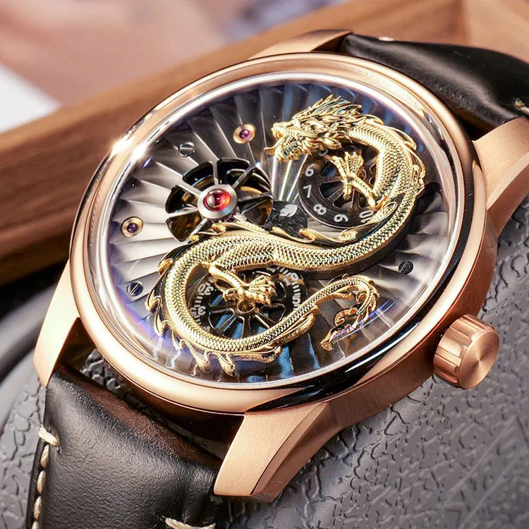 Custom 3D Chinese Mechanical Genus Golden Dragon Wrist Watch For Men Celestial Dragon Logo Serie Moving Automaton Watch