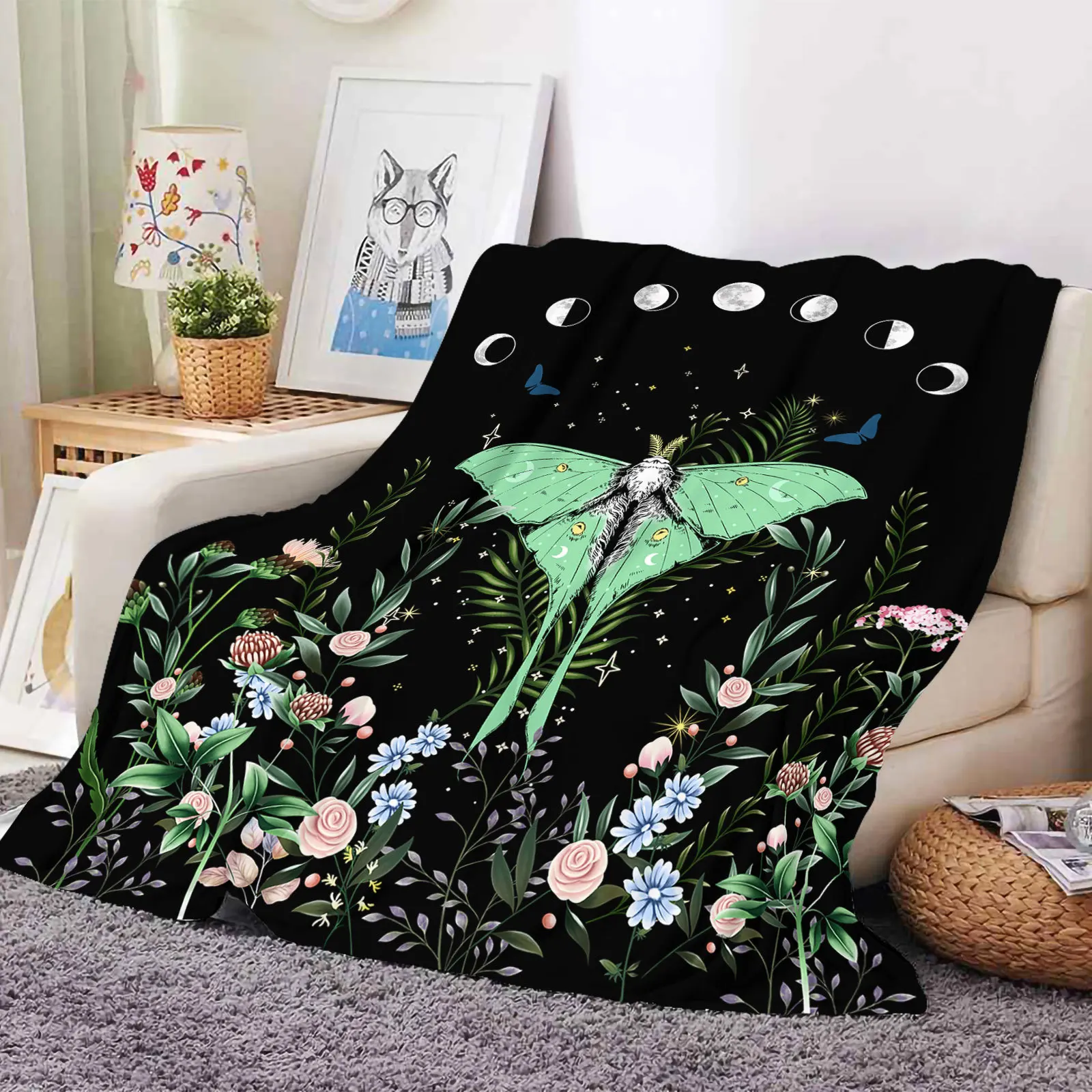 Gift Romantic Print Soft Warm Baby Blanket Retro Vintage Layer Flannel Tapestry Holiday Moon Butterfly Blanket Rug