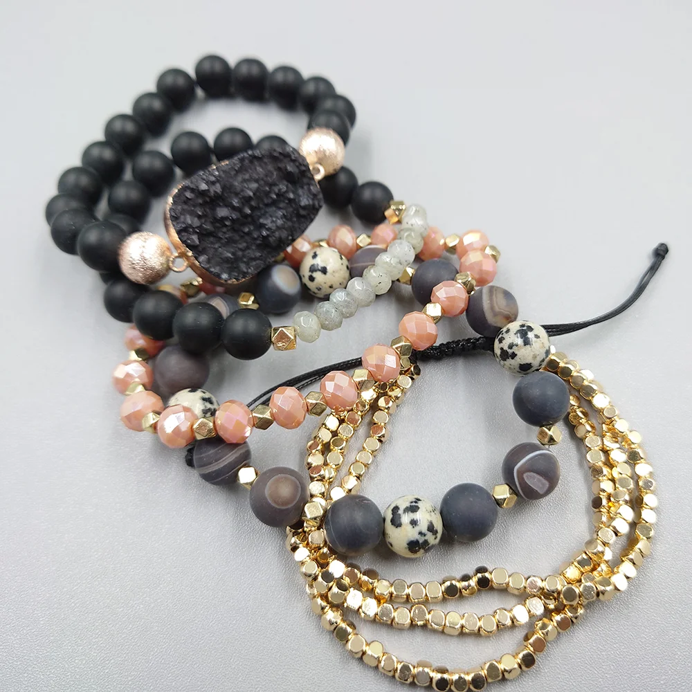 Gypsy and Boho Gold Beads Stacked Bracelet,Natural Black Druzy With Black Lace Agate Beaded Bracelet Set,Gifts for Her