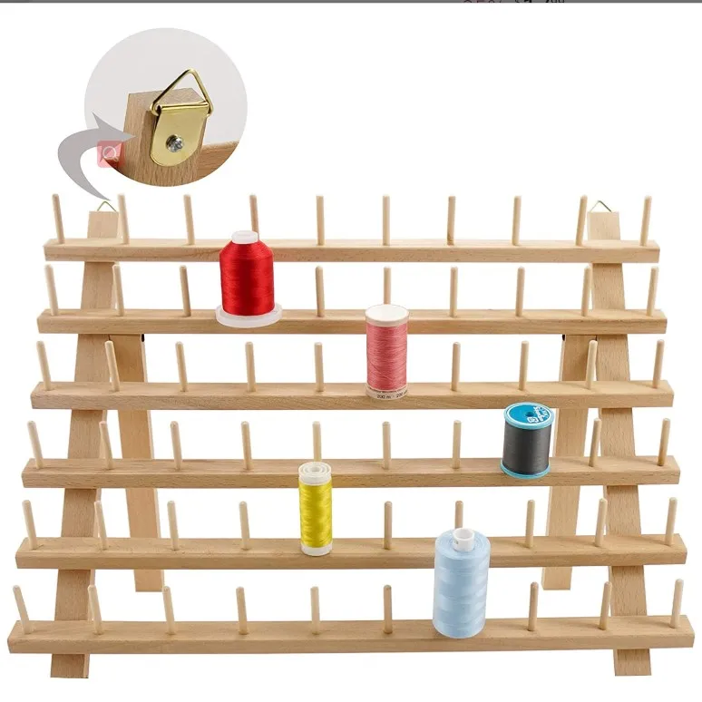 60 Spools Wooden Thread Rack Thread Holder Organizer with Hanging Hooks for Embroidery Quilting and Sewing Threads