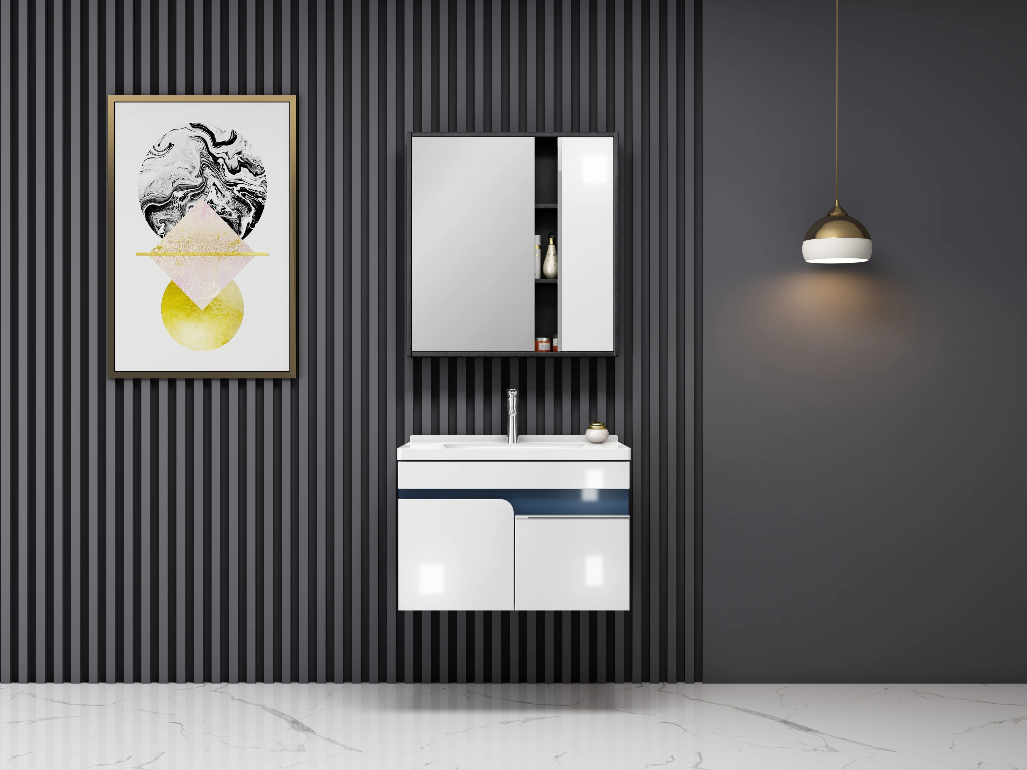 Factory direct sale modern designs PVC waterproof bathroom cabinet sinks pvc bathroom vanity with wall mirror