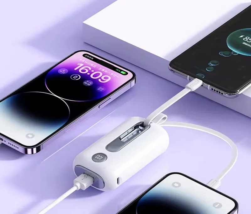 2024 New 5000/10000mah  Portable Built-in Dual Cable 2 in 1 Power Bank with Detachable 3 Speed Adjustable Fan 22.5W Fast Charger