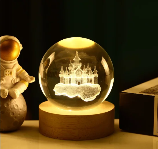 Solar System Planetary Laser 3D interior carved nightlight crystal ball with wood-based LED nightlight