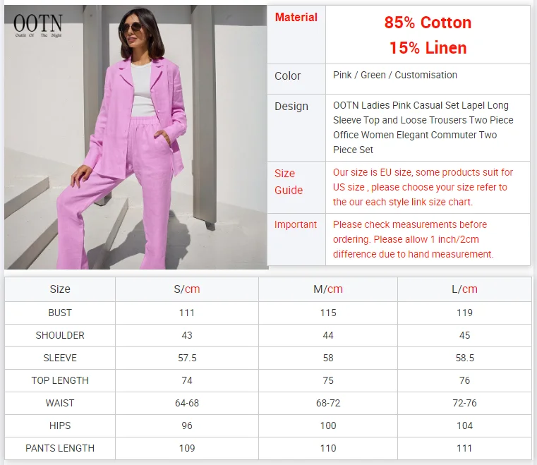 OOTN Ladies Pink Casual Set Lapel Long Sleeve Top and Loose Trousers Two Piece Office Women Elegant Commuter Two Piece Set