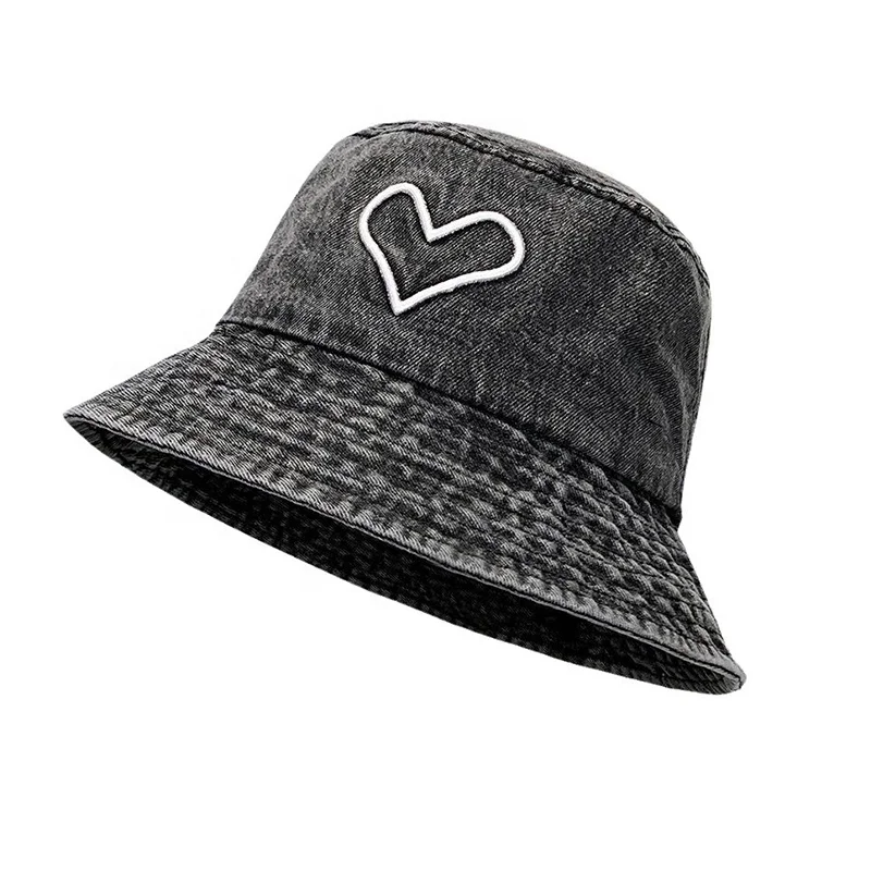 Wholesale Custom Unisex Fashion Washed Denim Cotton UV Protection Summer Travel Sun Hat Heart Embroidery Bucket Hat For Women