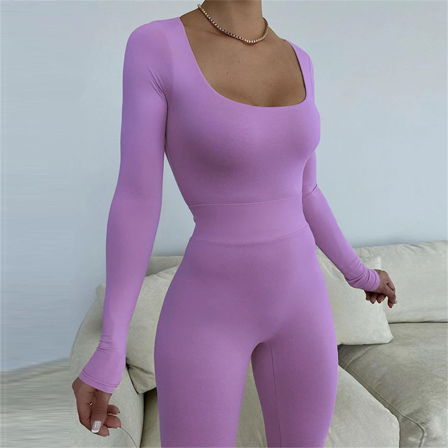 K21S07450 Fall Cuscom Logo Two Piece Legging Set Casual Sporty Long Sleeve Bodysuit Elastic Waist Pant Sets