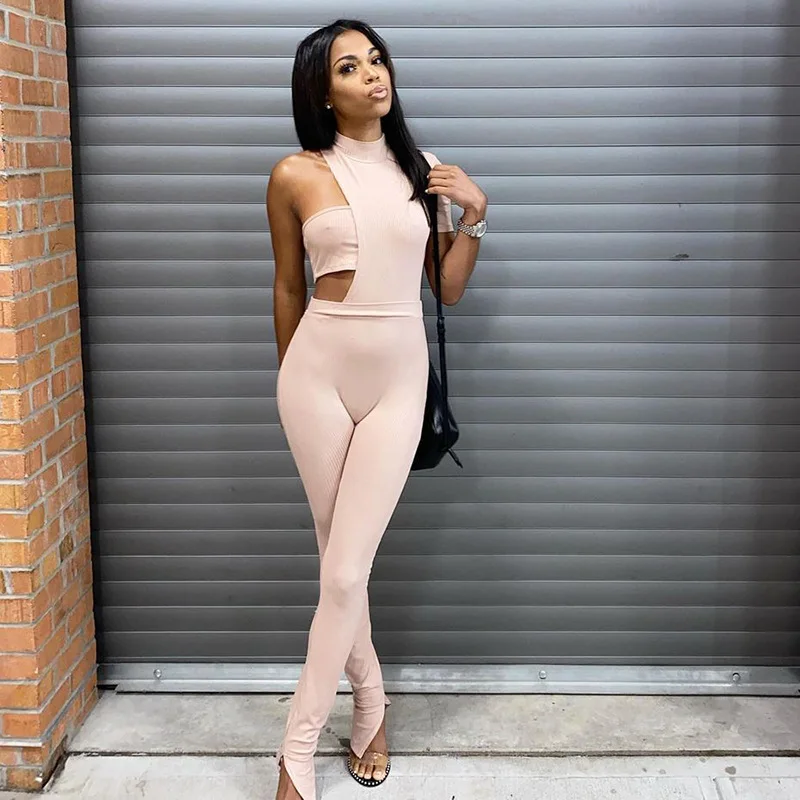 
Fashion Solid Tube Top Asymmetric Short Sleeve Sleeveless Split Fork Long Jumpsuit One Piece Stacked Ribbed Jumpsuit Women 2021 
