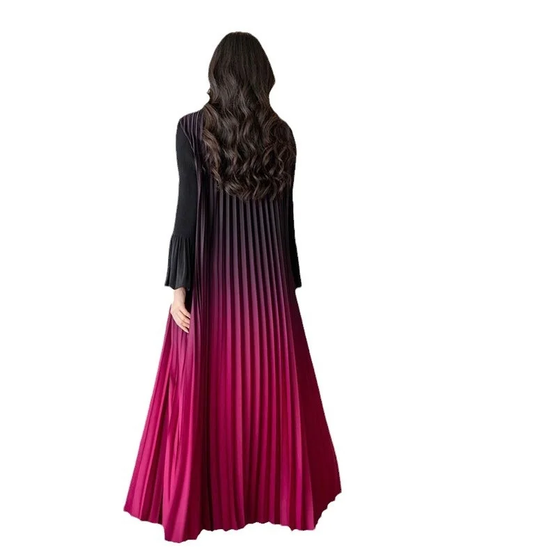 PROMISTAR 2024 Gradient Color Long Sleeves Handmade Pleated Outer Cover Slimming Large Robe Traditional Muslim Fashion Abaya