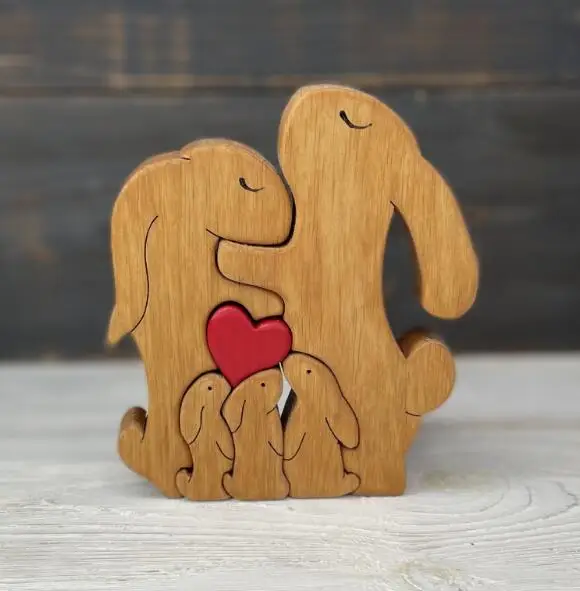Wooden Rabbit Family Puzzle Bunny Family father mother baby Wooden Puzzle, 4 in 1 set,  Wooden Hare Family  Puzzle Decoration