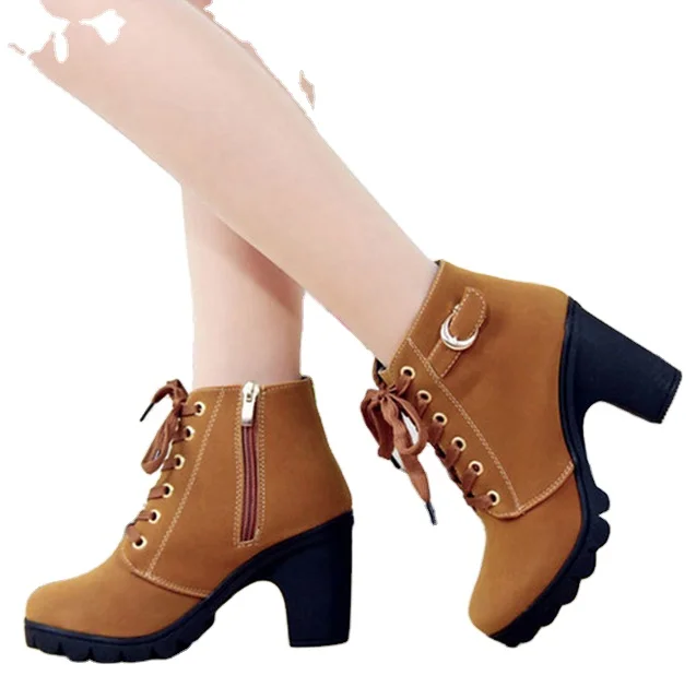 Winter spring boot woman ankle boots Lace-up Ladies high heel feman shoes vintage women boot