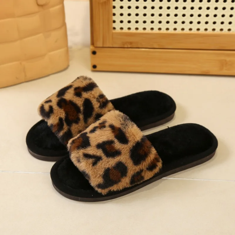 Women home character slippers open toe leopard plush slippers printed pattern winter slippers for ladies girls