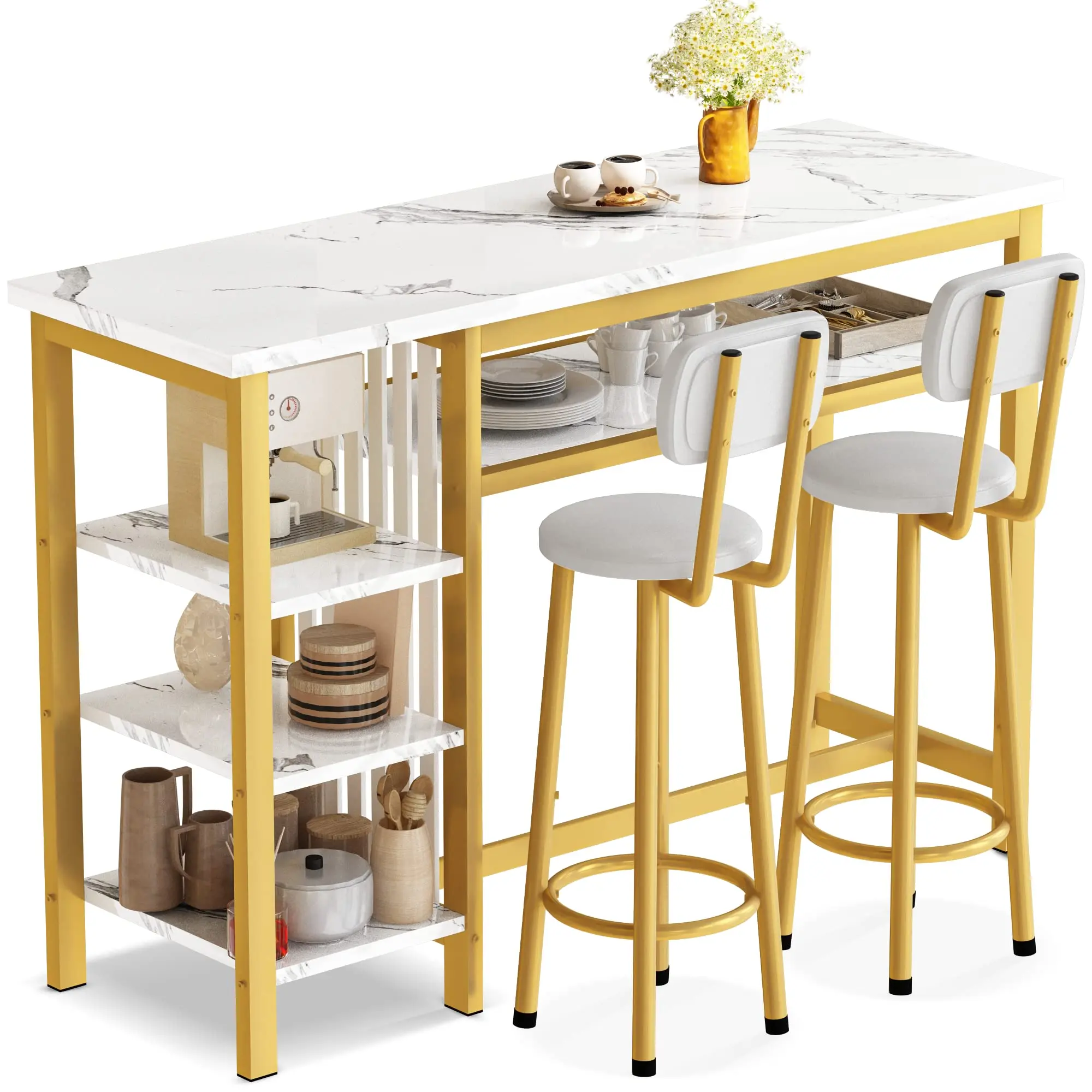 Bar table set of 2 space saving home and kitchen tables with storage racks, 2 upholstered counter height chairs