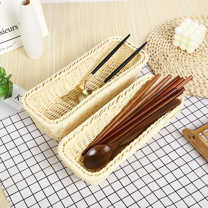 Creative Rectangular PP Rattan Basket High-End Hotel Restaurant Kitchen Tableware Storage Knives Forks Woven Baskets