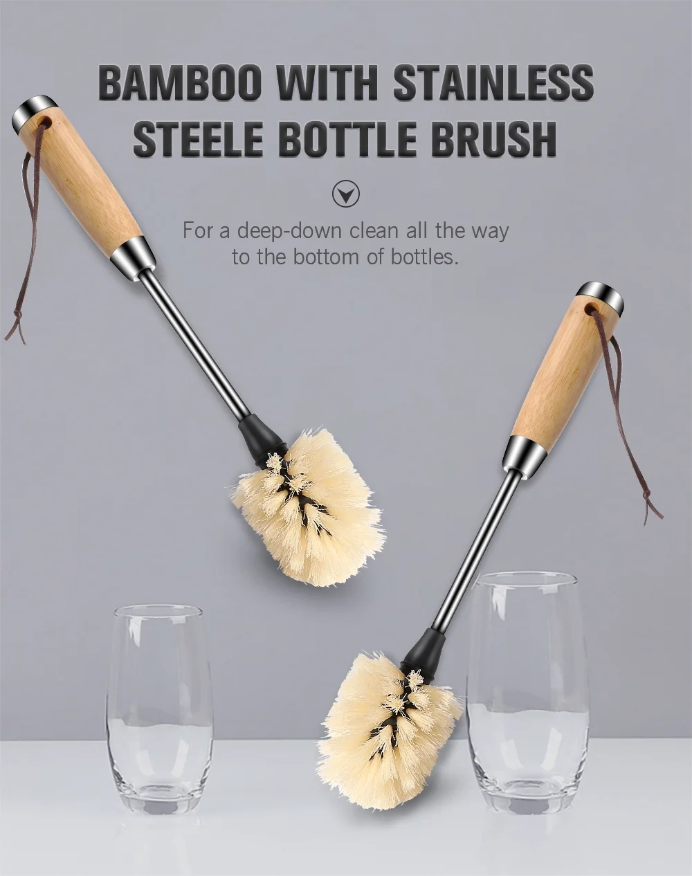 Masthome eco-friendly Bamboo handle holder Nylon bristle steel cleaning water bottle brush