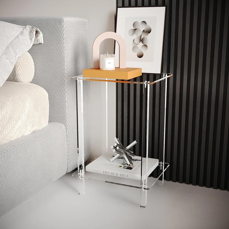 Easy Assembly 2-Tier Clear Acrylic Side Table Small Acrylic Nightstand Bedside Table for Living Room