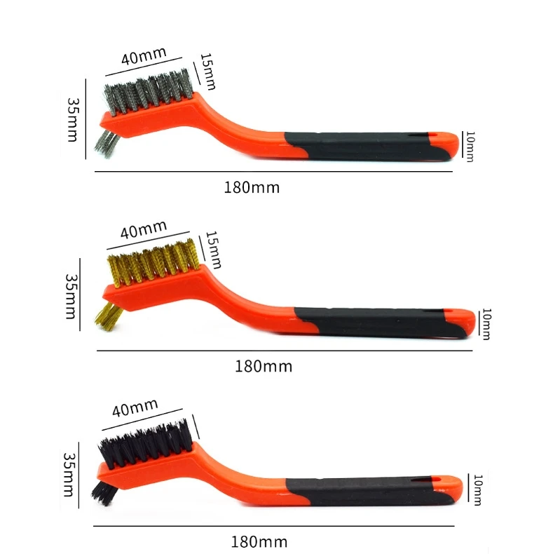 Small Wire Brush Nylon/Brass/Stainless Steel Bristles Scratch Brush Set Curved Handle Grip 3-pack