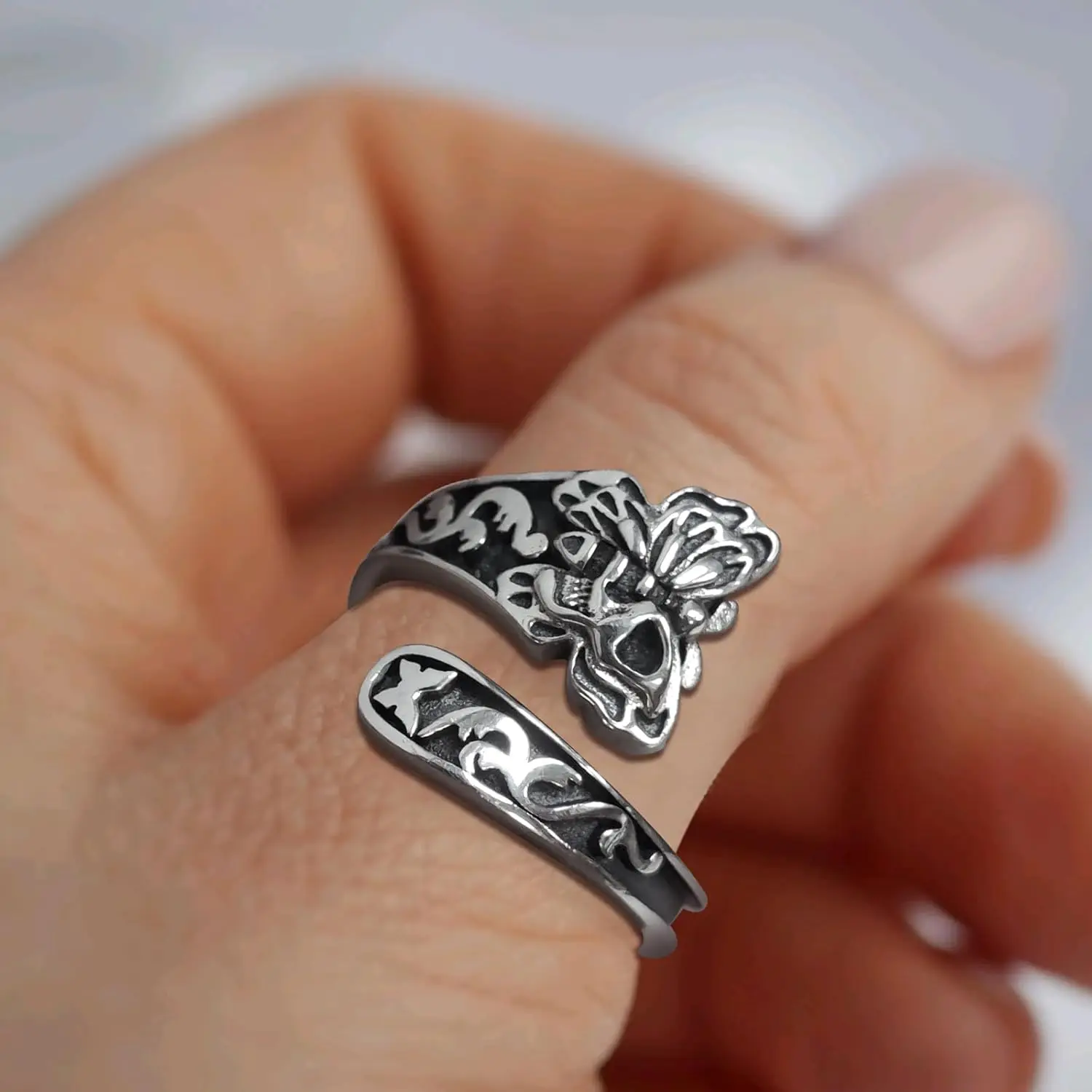 925 Sterling Silver Skull Spoon Ring Gothic Skull Adjustable Rings Statement Butterfly Ring for Women Girl