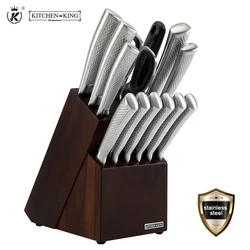 Kitchen King Amazon Hot Sale 14 pcs stainless steel kitchen chef knives set with wooden block serrated steak knives
