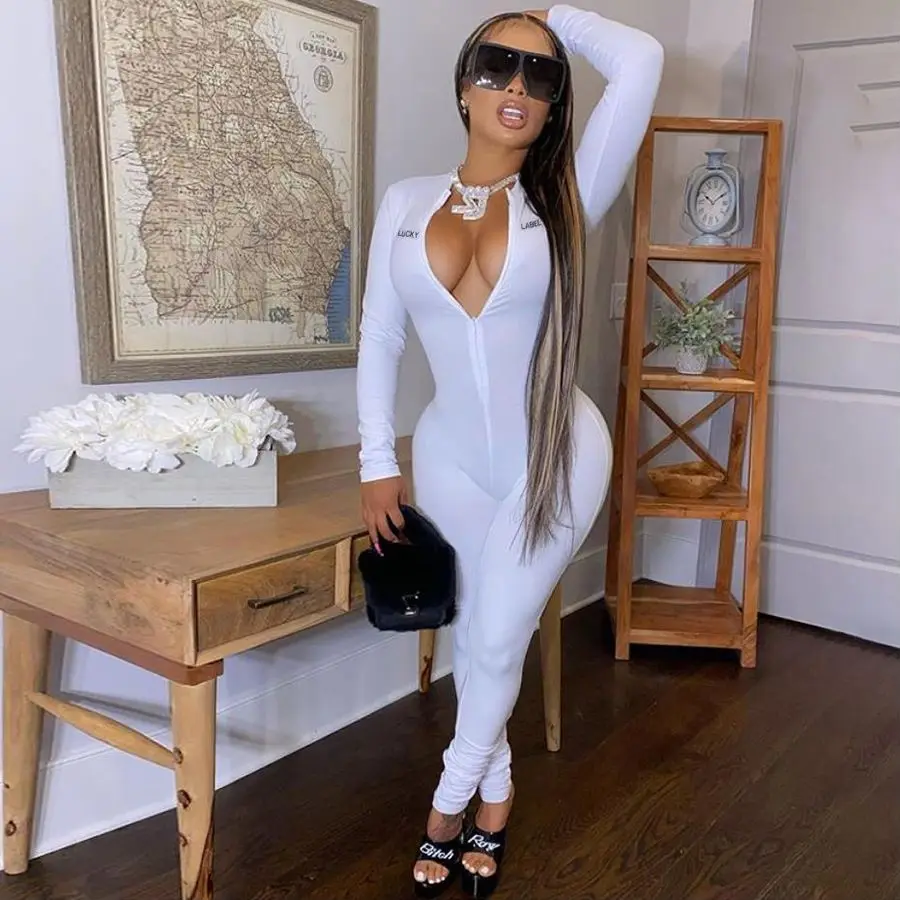 2021Embroidery Solid women one piece jumpsuits and rompers autumn Stacked Zipper lucky label jumpsuit