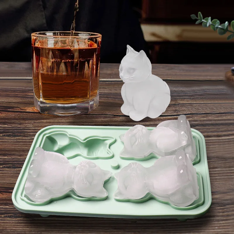 Silicone ice cube tray Reusable Cute 3D cat shape 4 cavity creative ice mold silicone ice maker for summer party