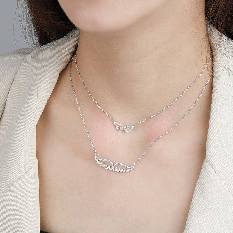 Trendy Romantic Pure White Diamond Sterling 925 Silver Jewelry Angle Wing Pendant Necklace For Girl Jewelry Findings
