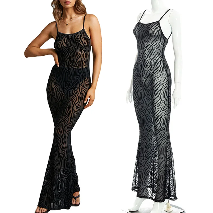 Autumn And Winter New Flocking Printing Casual Sling Mesh Backless Zebra Custom Sleeveless Casual Long Dresses