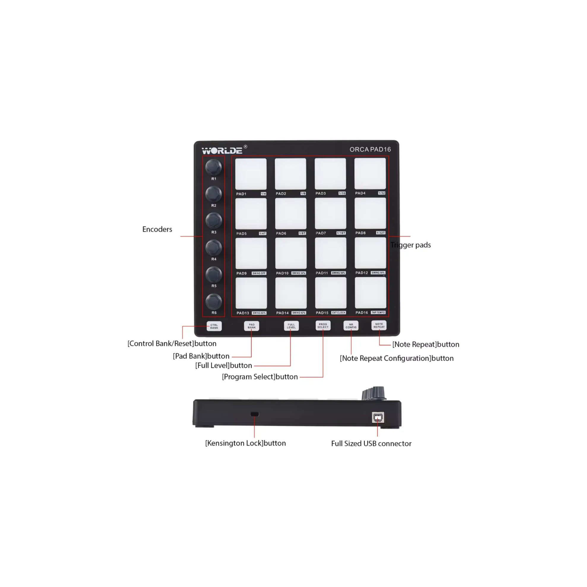 Worlde Orca Pad16 mini usb Midi Controller Keyboard DJ music audio studio electronic drums pad for wholesale musical instruments