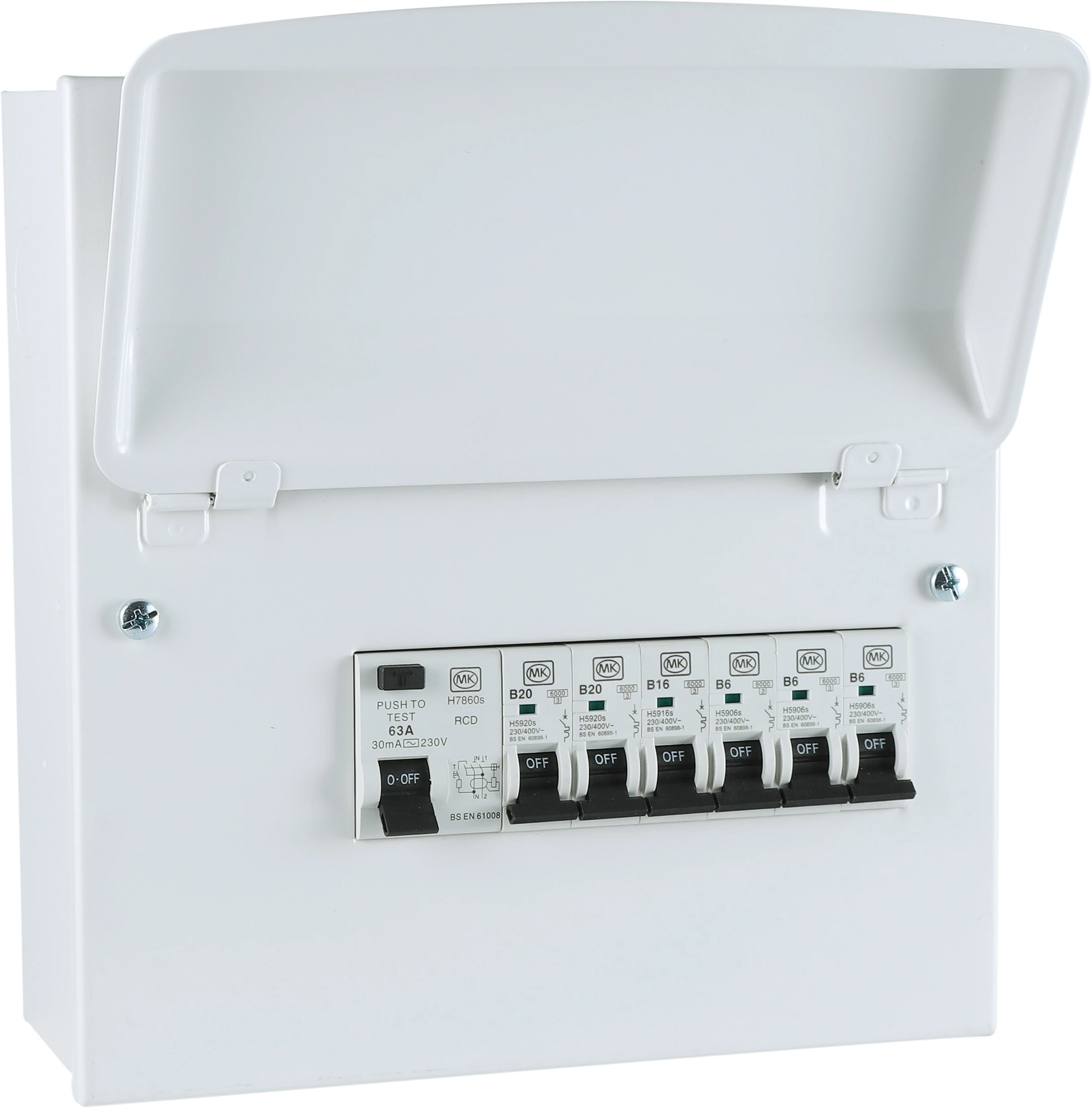 MK SENTRY New Style 8 WAY MCU WITH 63A 30mA RCD - AC & 6 X MCB metal consumer unit