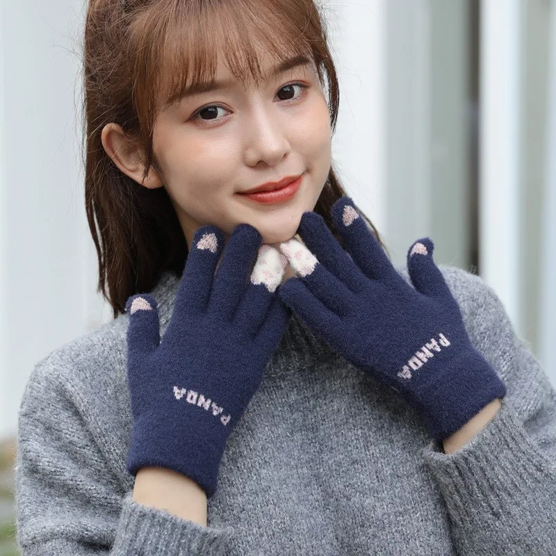 Winter Female Gloves Outdoor Imitation Cashmere Full Finger Gloves Girls Cute Panda Finger Gloves