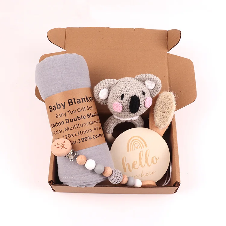 Newborn Toddler Shower Gift Set for Baby Boys and Girls Wooden Keepsake Muslin Bibs and Rattle in Elegant Gift Box