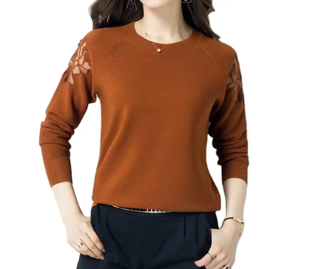 2023 custom manufacturer 2022 Autumn crew neck lace hollow sleeve lady fashion sweater