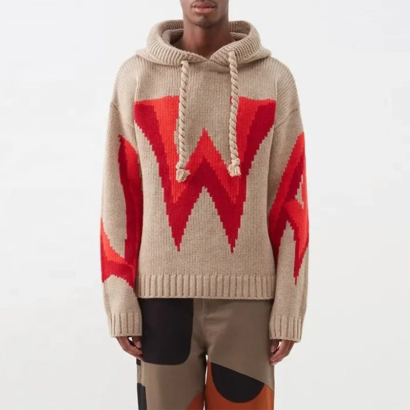 GINWEN Custom Cashmere Wool Knitted Pullover Hoodie Cotton Knitwear Men Hooded Jacquard Sweater