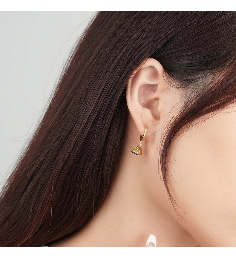 Silver Micro-Pave Zircon Egyptian Pyramid Earrings on Hypoallergenic Ear Hoop Gold Plated Jewelry