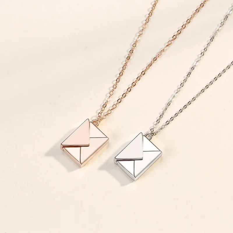 Romantic 925 Sterling Silver Envelope Necklace Customized Laser Engraved Logo Envelope Locket Necklace For Couple