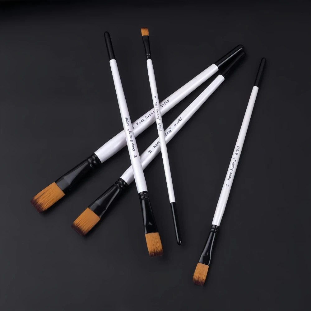 Keep Smiling 12 Pcs Pearl White Barrel Nylon Oil Flat Hair Shape With Wood Handle Artist Painting Brush